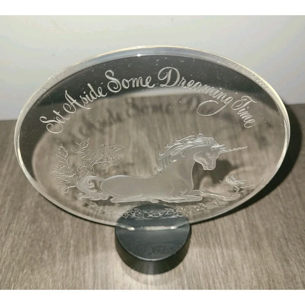 VTG Hallmark Unicorn Dreaming Time Etched Acrylic Plaque 1979 Fantasy Decor